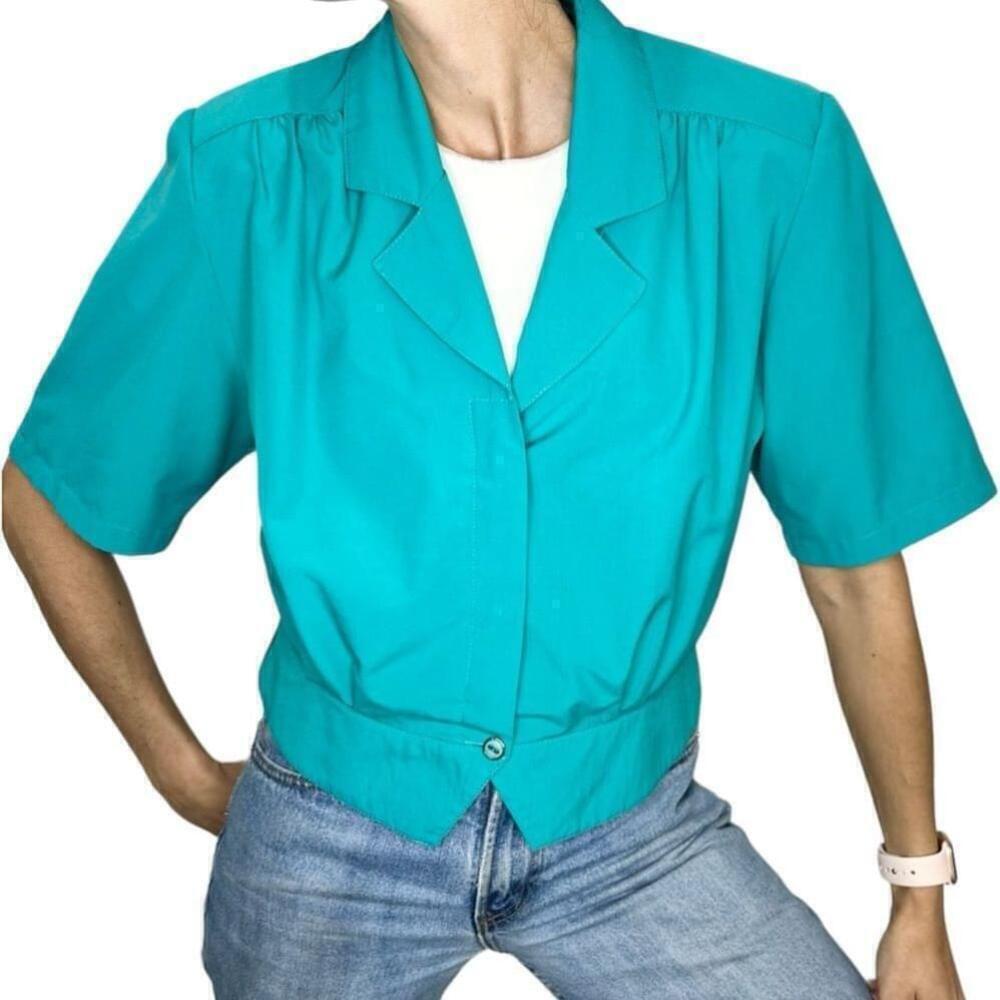 Vintage turquoise short sleeve tailored shoulder pad blouse jacket blazer